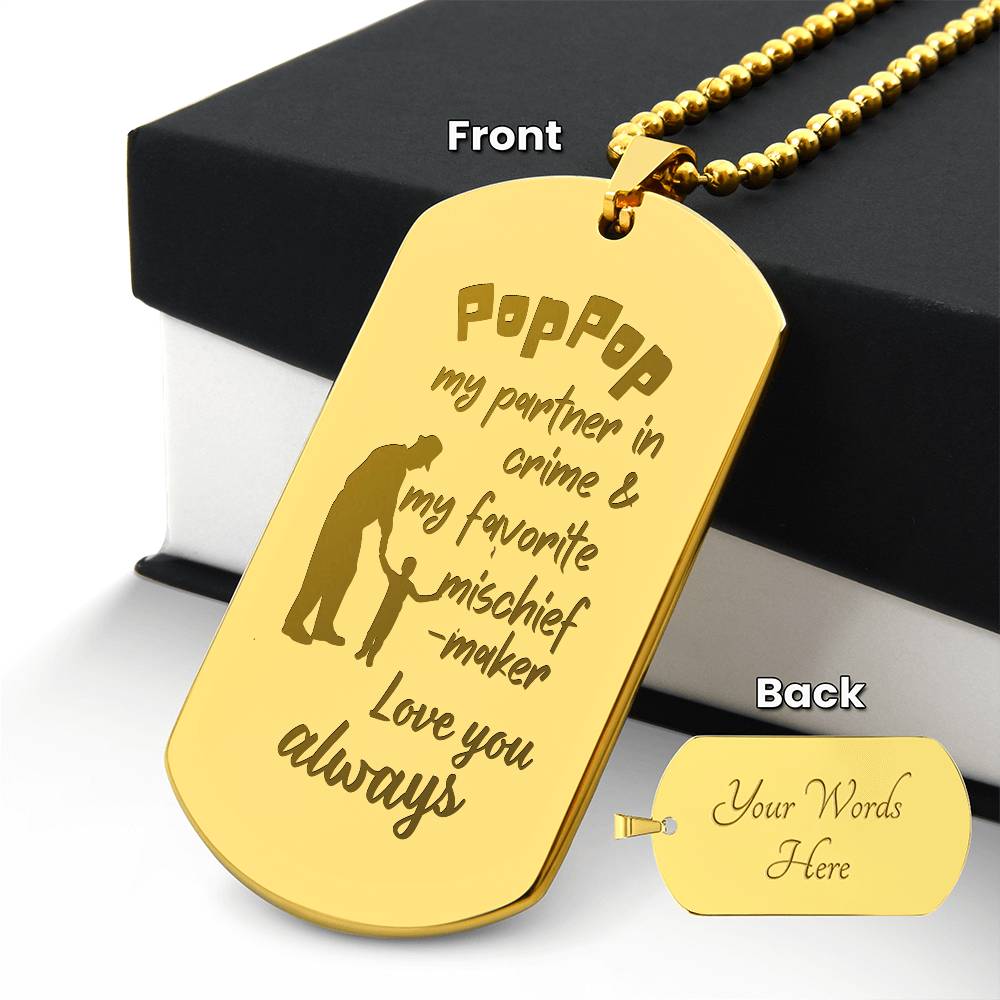 Engraved Dog Tag Necklace with Ball Chain | Personalized Unique Thoughtful Gift for Grandfather who has everything | Pop-Pop Mischief Maker