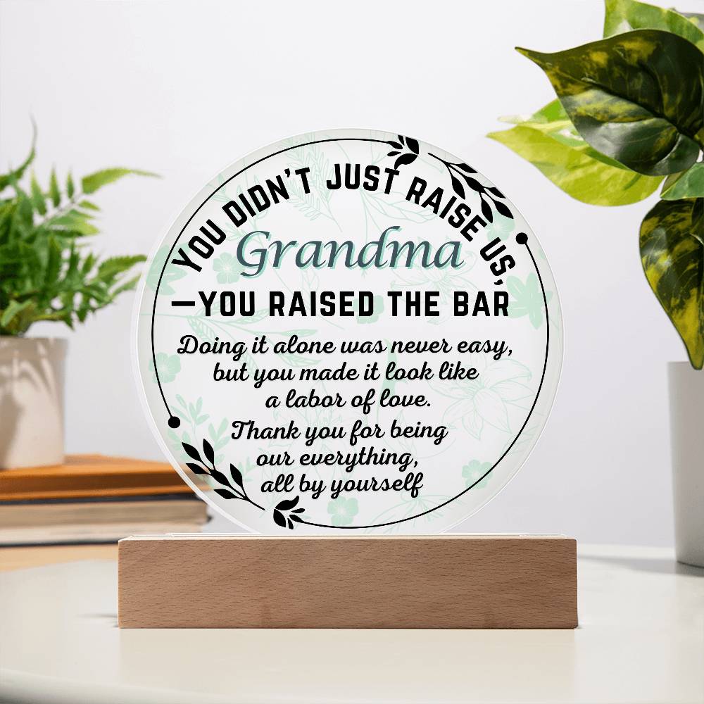 Single Grandma gift on Grandparent day for Nana | Thoughtful Cute present for Grammy who has everything | LED Acrylic Plaque | Raised the Bar