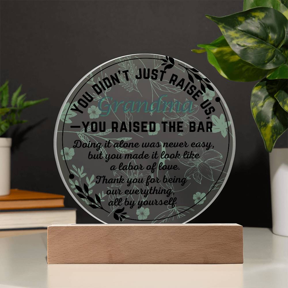 Single Grandma gift on Grandparent day for Nana | Thoughtful Cute present for Grammy who has everything | LED Acrylic Plaque | Raised the Bar