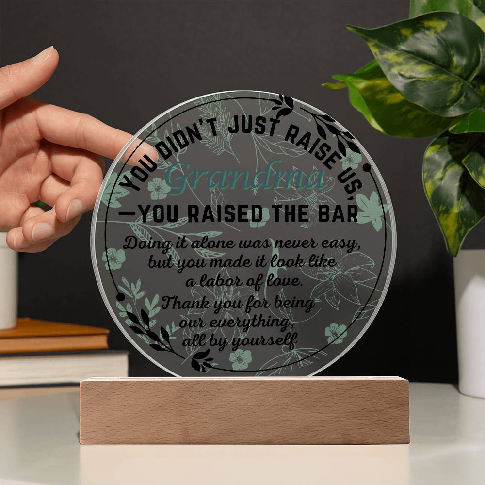 Single Grandma gift on Grandparent day for Nana | Thoughtful Cute present for Grammy who has everything | LED Acrylic Plaque | Raised the Bar