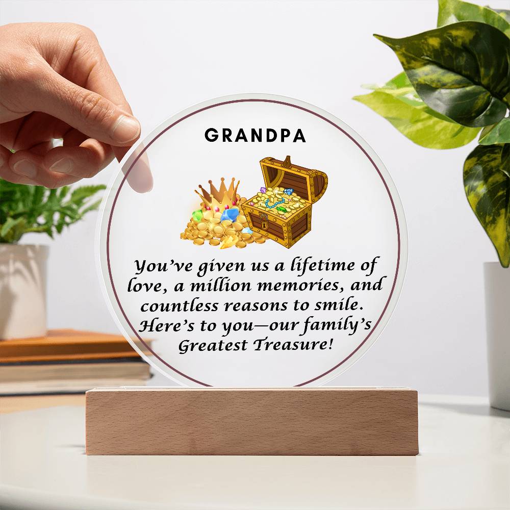 Grandparent day Gift for Gramps | Thoughtful Cute present for Grandpa who has everything | LED Acrylic Plaque | Our Greatest Treasure