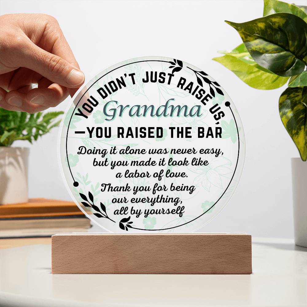 Single Grandma gift on Grandparent day for Nana | Thoughtful Cute present for Grammy who has everything | LED Acrylic Plaque | Raised the Bar