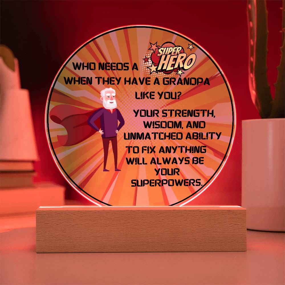 Grandparent day Gift for Gramps | Thoughtful Cute present for Grandpa who has everything | LED Acrylic Plaque | Superhero Grandfather