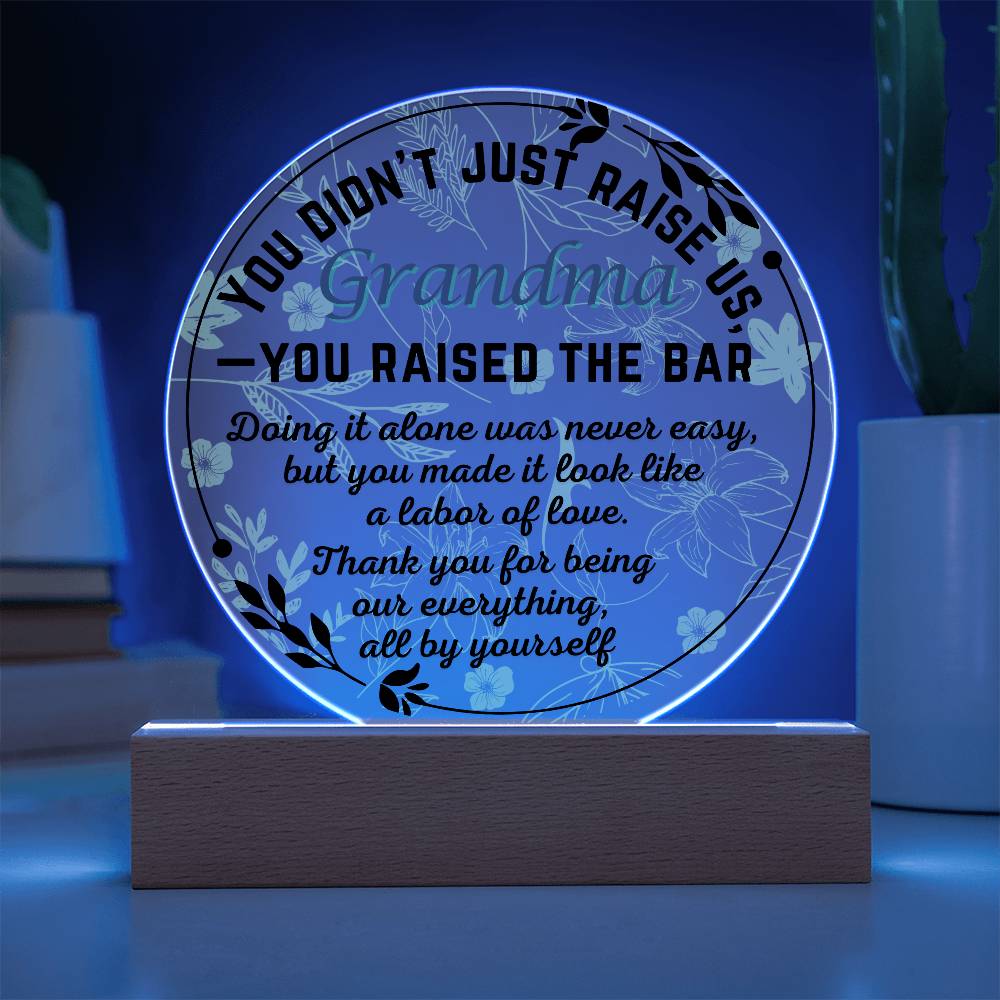 Single Grandma gift on Grandparent day for Nana | Thoughtful Cute present for Grammy who has everything | LED Acrylic Plaque | Raised the Bar