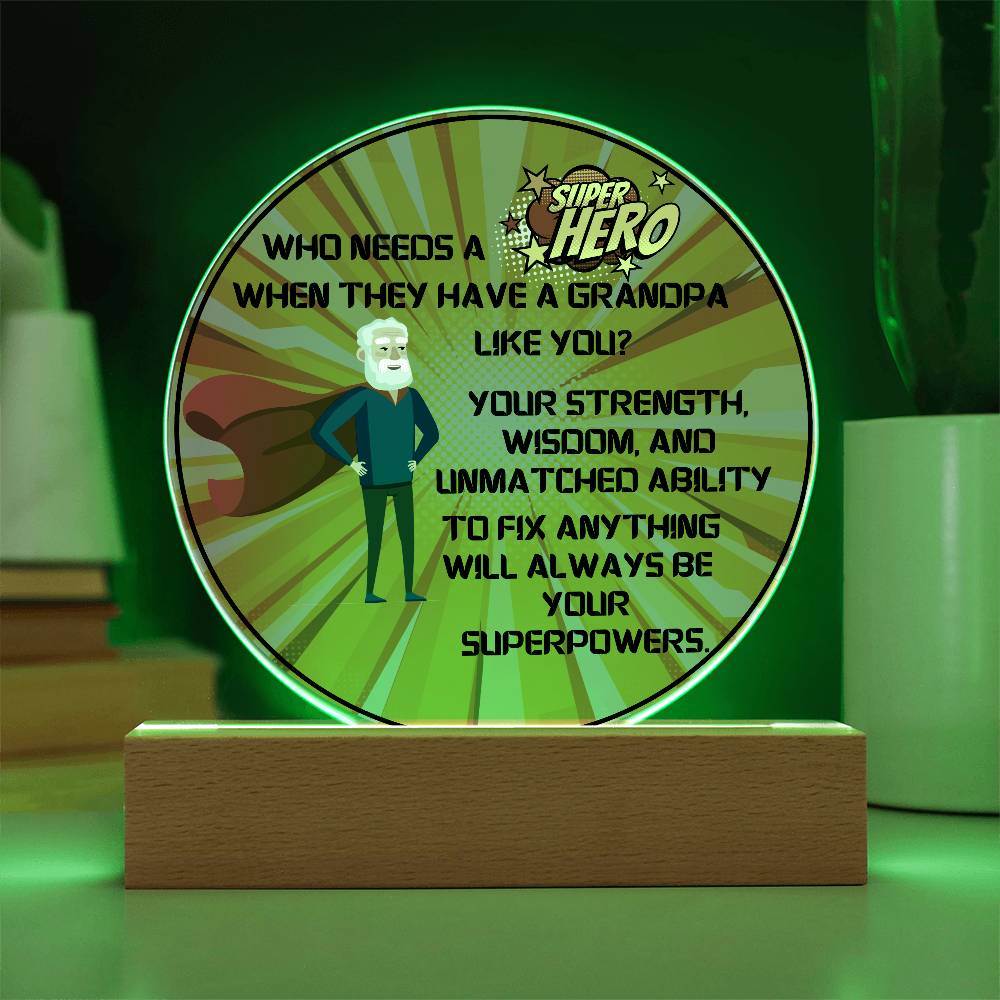 Grandparent day Gift for Gramps | Thoughtful Cute present for Grandpa who has everything | LED Acrylic Plaque | Superhero Grandfather