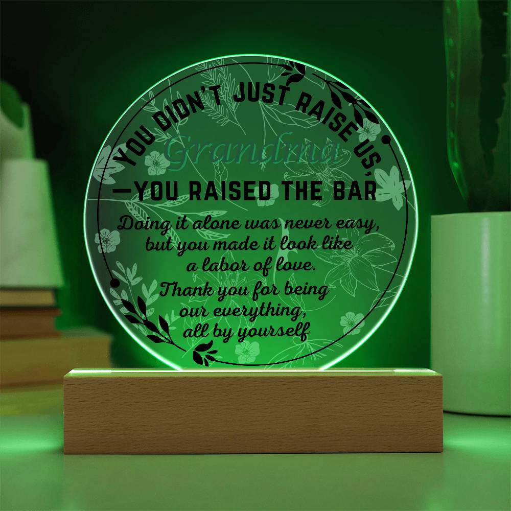 Single Grandma gift on Grandparent day for Nana | Thoughtful Cute present for Grammy who has everything | LED Acrylic Plaque | Raised the Bar