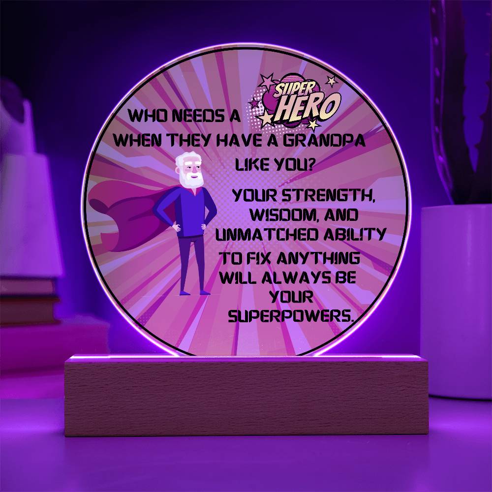 Grandparent day Gift for Gramps | Thoughtful Cute present for Grandpa who has everything | LED Acrylic Plaque | Superhero Grandfather