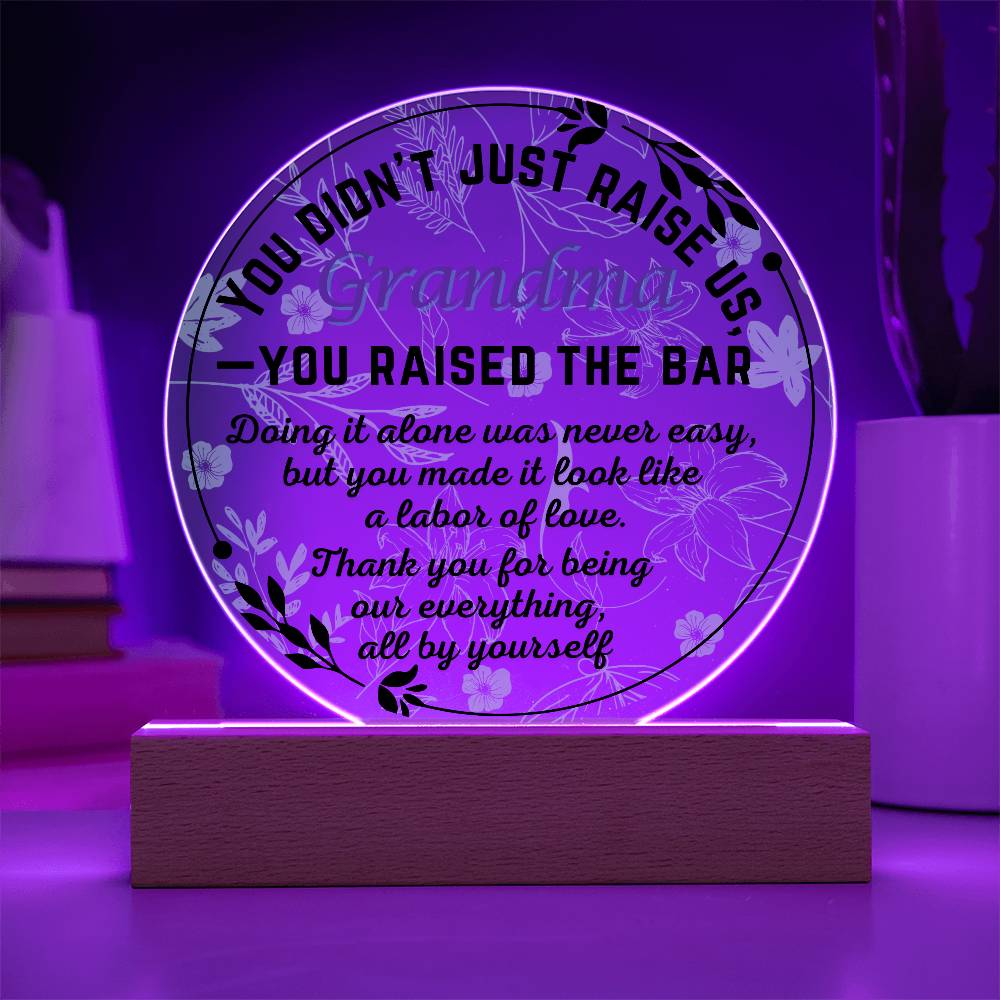 Single Grandma gift on Grandparent day for Nana | Thoughtful Cute present for Grammy who has everything | LED Acrylic Plaque | Raised the Bar