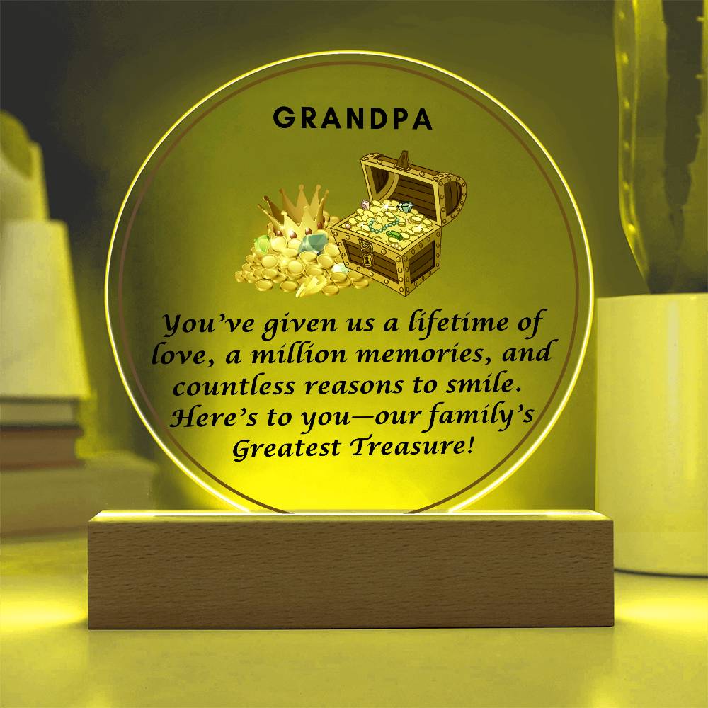 Grandparent day Gift for Gramps | Thoughtful Cute present for Grandpa who has everything | LED Acrylic Plaque | Our Greatest Treasure
