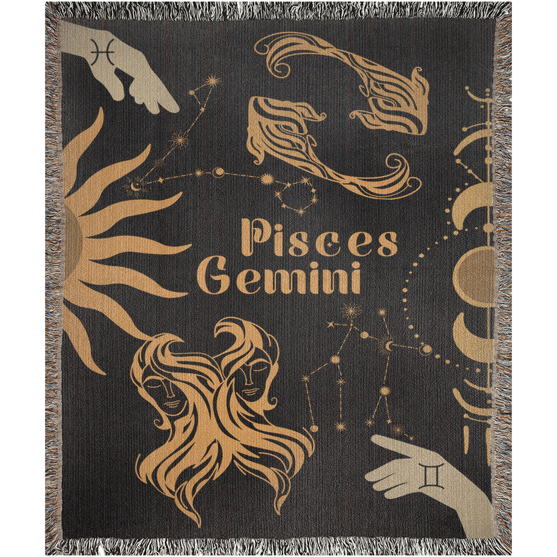 Gemini and Pisces Zodiac Compatibility Woven Throw Tapestry - Elevate home decor with this boho-inspired, celestial charm blanket. Perfect for astrology enthusiasts, featuring Gemini and Pisces sun signs, adding unique, artistic flair to your living space. Premium cotton, cozy, and decorative.