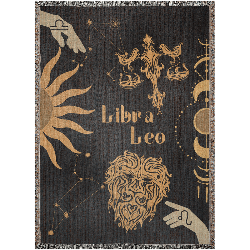 Leo and Libra Zodiac Compatibility Woven Throw Tapestry - Elevate home decor with this boho-inspired, celestial charm blanket. Perfect for astrology enthusiasts, featuring Leo and Libra sun signs, adding unique, artistic flair to your living space. Premium cotton, cozy, and decorative.