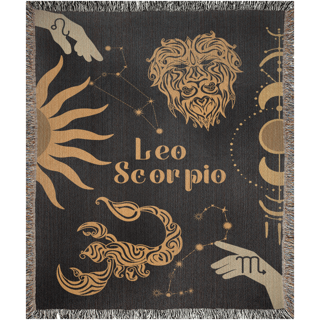 Leo and Scorpio Zodiac Compatibility Woven Throw Tapestry - Elevate home decor with this boho-inspired, celestial charm blanket. Perfect for astrology enthusiasts, featuring Leo and Scorpio sun signs, adding unique, artistic flair to your living space. Premium cotton, cozy, and decorative.