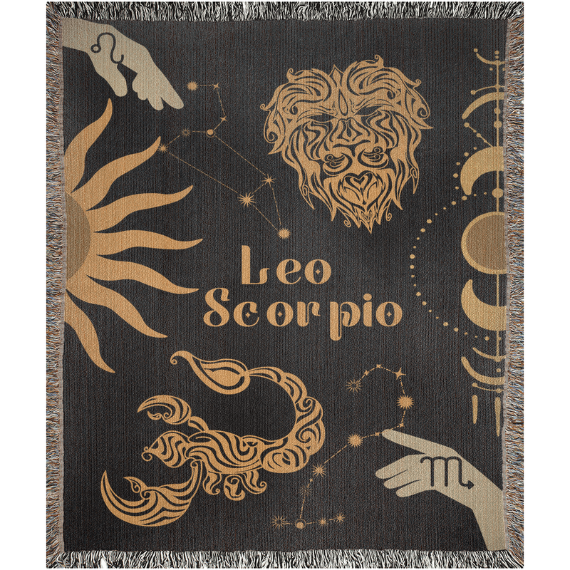 Leo and Scorpio Zodiac Compatibility Woven Throw Tapestry - Elevate home decor with this boho-inspired, celestial charm blanket. Perfect for astrology enthusiasts, featuring Leo and Scorpio sun signs, adding unique, artistic flair to your living space. Premium cotton, cozy, and decorative.