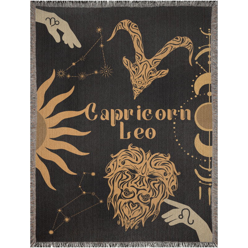 Capricorn and Leo Zodiac Compatibility Woven Throw Tapestry - Elevate home decor with this boho-inspired, celestial charm blanket. Perfect for astrology enthusiasts, featuring Capricorn and Leo sun signs, adding unique, artistic flair to your living space. Premium cotton, cozy, and decorative.