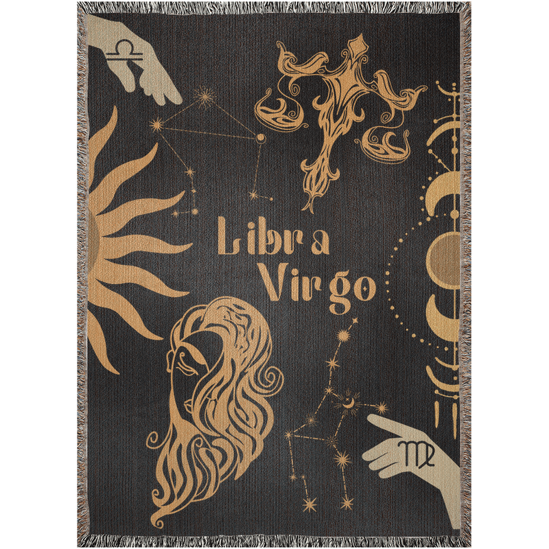 Virgo and Libra Zodiac Compatibility Woven Throw Tapestry - Elevate home decor with this boho-inspired, celestial charm blanket. Perfect for astrology enthusiasts, featuring Virgo and Libra sun signs, adding unique, artistic flair to your living space. Premium cotton, cozy, and decorative.