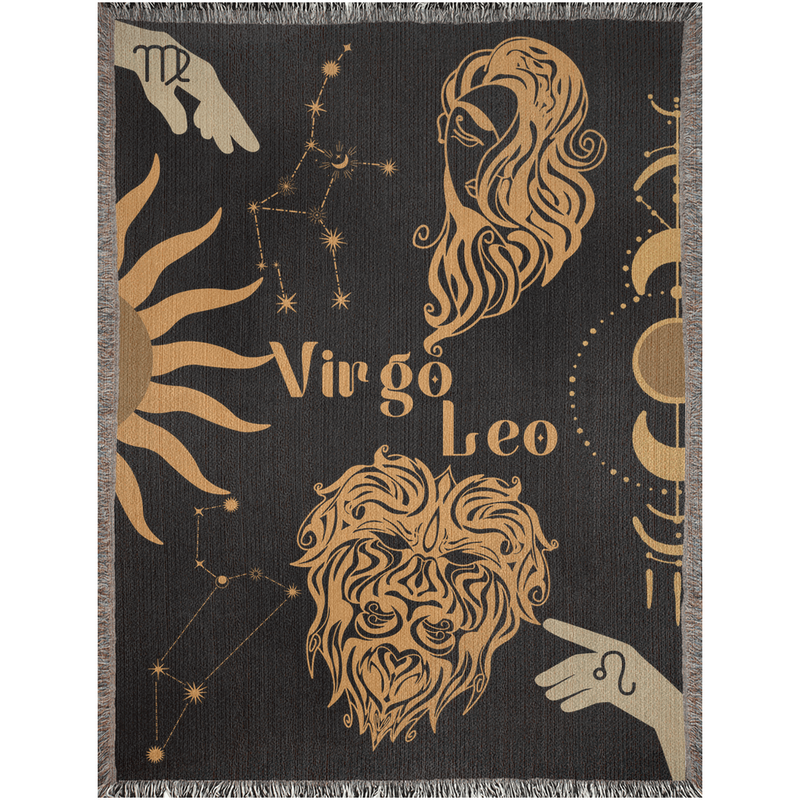 Virgo and Leo Zodiac Compatibility Woven Throw Tapestry - Elevate home decor with this boho-inspired, celestial charm blanket. Perfect for astrology enthusiasts, featuring Virgo and Leo sun signs, adding unique, artistic flair to your living space. Premium cotton, cozy, and decorative.