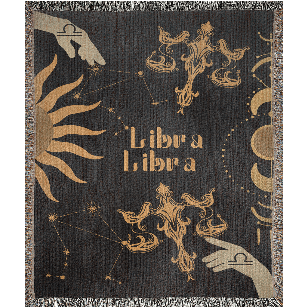 Libra and Libra Zodiac Compatibility Woven Throw Tapestry - Elevate home decor with this boho-inspired, celestial charm blanket. Perfect for astrology enthusiasts, featuring Libra and Libra sun signs, adding unique, artistic flair to your living space. Premium cotton, cozy, and decorative.