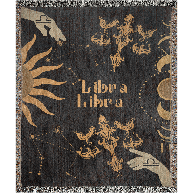 Libra and Libra Zodiac Compatibility Woven Throw Tapestry - Elevate home decor with this boho-inspired, celestial charm blanket. Perfect for astrology enthusiasts, featuring Libra and Libra sun signs, adding unique, artistic flair to your living space. Premium cotton, cozy, and decorative.