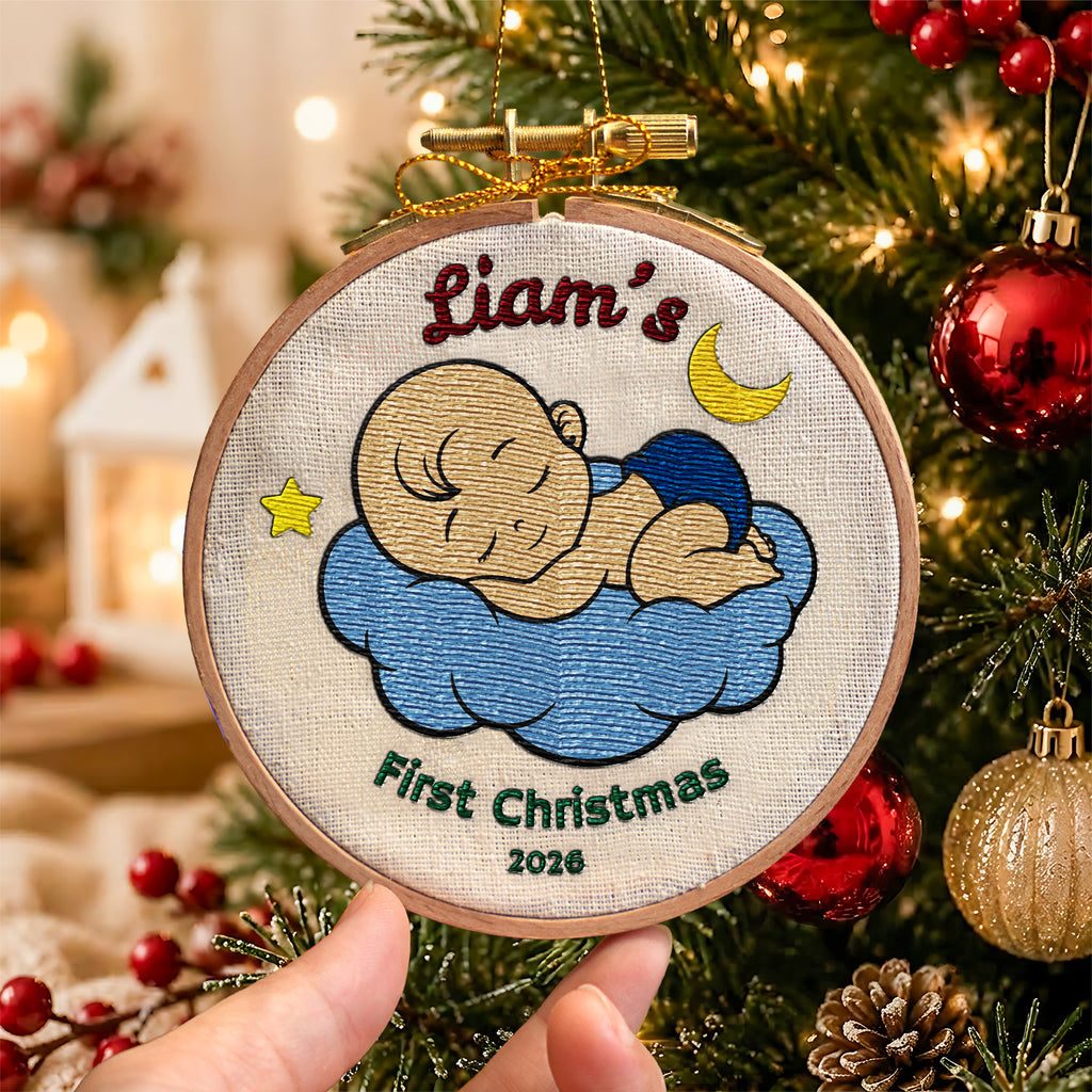 Personalized baby's first Christmas embroidered hoop ornament with sleeping baby on blue cloud, moon and star – embroidered nursery-style Christmas design detail