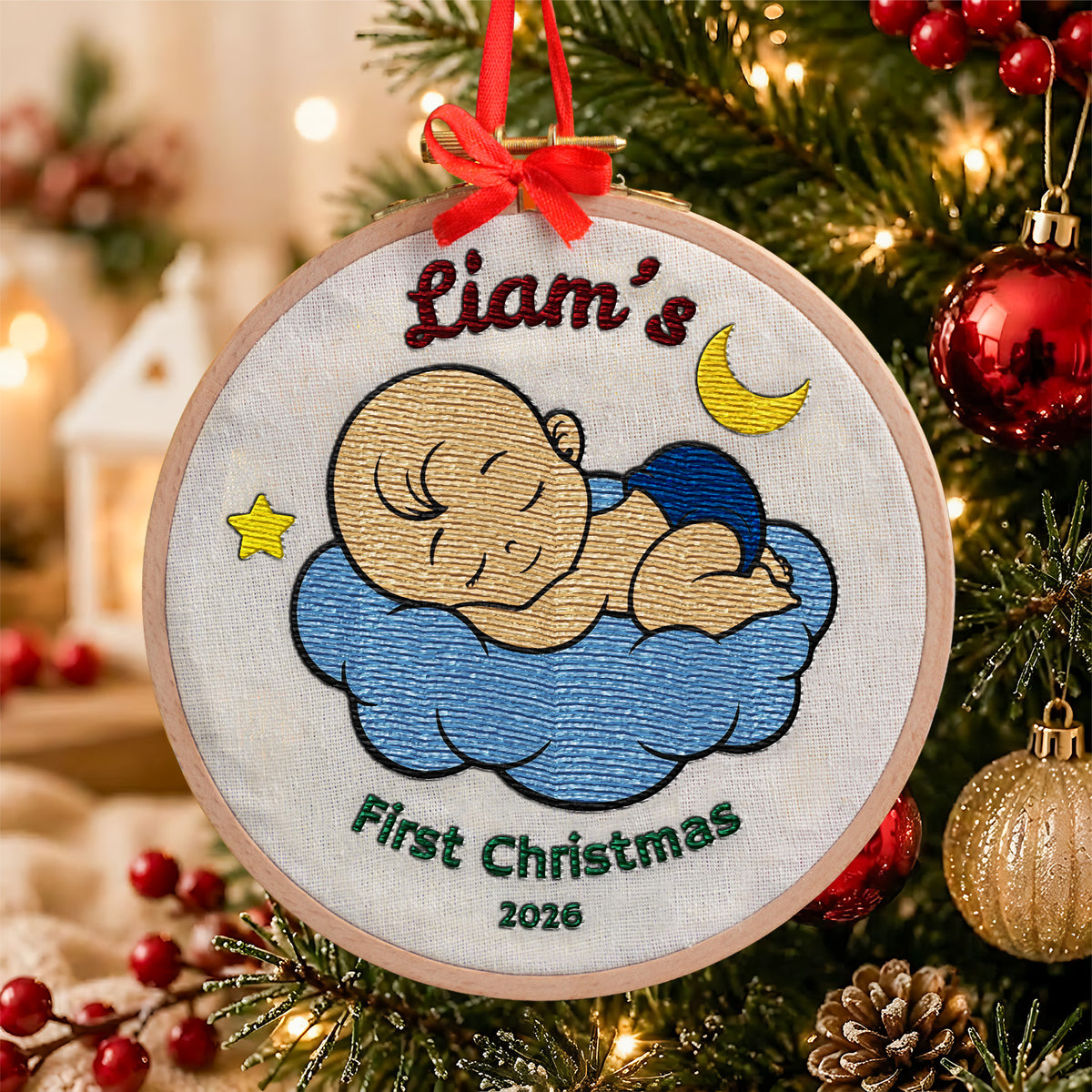 Personalized baby's first Christmas embroidered hoop ornament with sleeping baby on blue cloud, moon and star – additional Christmas ornament presentation