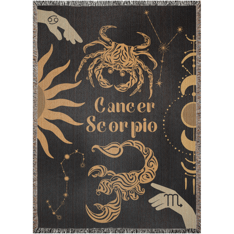 Cancer and Scorpio Zodiac Compatibility Woven Throw Tapestry - Elevate home decor with this boho-inspired, celestial charm blanket. Perfect for astrology enthusiasts, featuring Aries and Scorpio sun signs, adding unique, artistic flair to your living space. Premium cotton, cozy, and decorative.