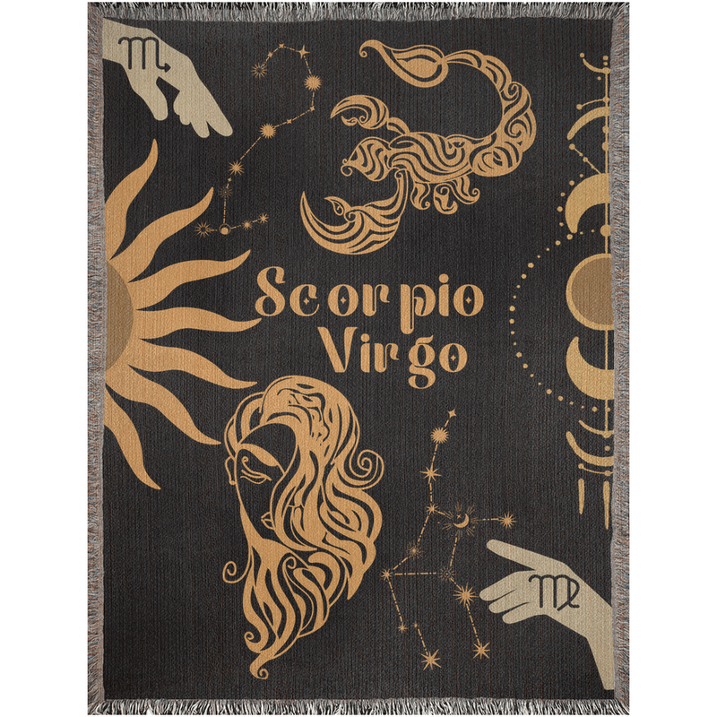 Virgo and Scorpio Zodiac Compatibility Woven Throw Tapestry - Elevate home decor with this boho-inspired, celestial charm blanket. Perfect for astrology enthusiasts, featuring Virgo and Scorpio sun signs, adding unique, artistic flair to your living space. Premium cotton, cozy, and decorative.