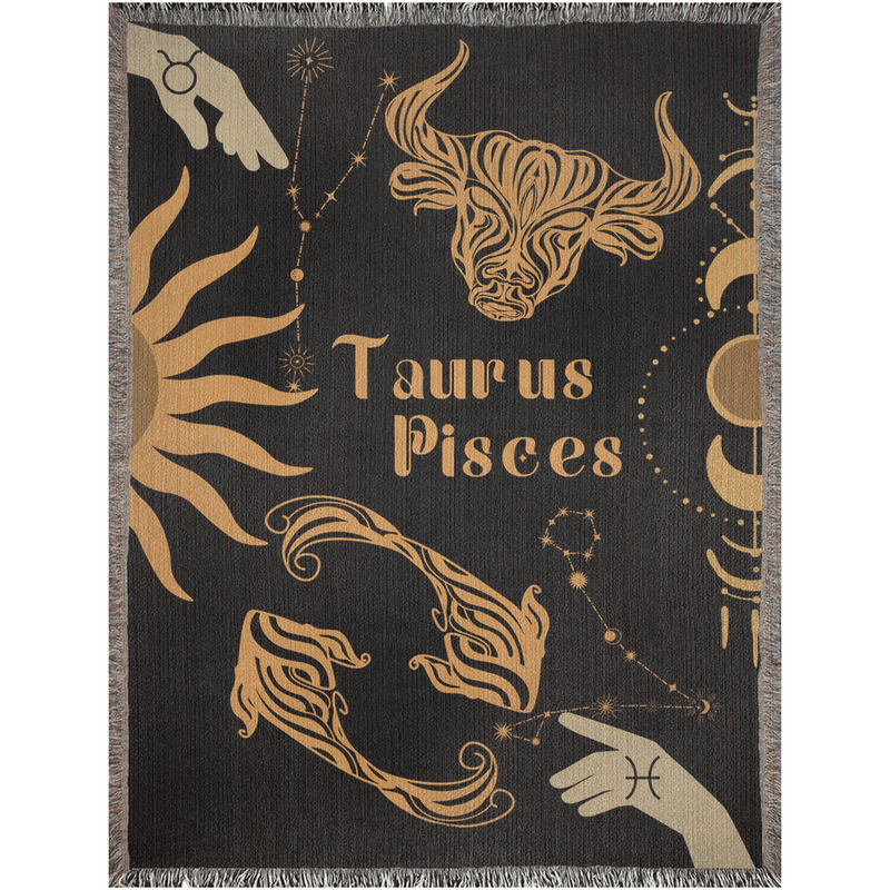 Taurus and Pisces Zodiac Compatibility Woven Throw Tapestry - Elevate home decor with this boho-inspired, celestial charm blanket. Perfect for astrology enthusiasts, featuring Taurus and Pisces sun signs, adding unique, artistic flair to your living space. Premium cotton, cozy, and decorative.