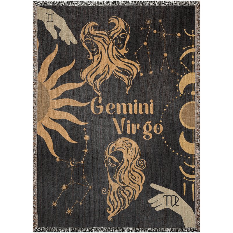 Virgo and Gemini Zodiac Compatibility Woven Throw Tapestry - Elevate home decor with this boho-inspired, celestial charm blanket. Perfect for astrology enthusiasts, featuring Virgo and Gemini sun signs, adding unique, artistic flair to your living space. Premium cotton, cozy, and decorative.