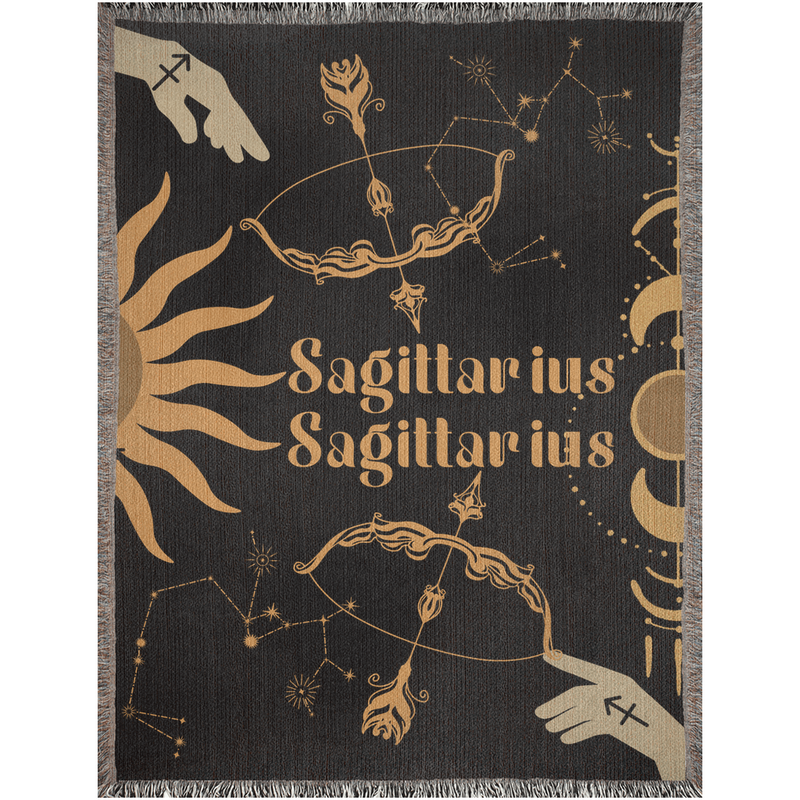 Sagittarius and Sagittarius Zodiac Compatibility Woven Throw Tapestry - Elevate home decor with this boho-inspired, celestial charm blanket. Perfect for astrology enthusiasts, featuring Sagittarius and Sagittarius sun signs, adding unique, artistic flair to your living space. Premium cotton, cozy, and decorative.