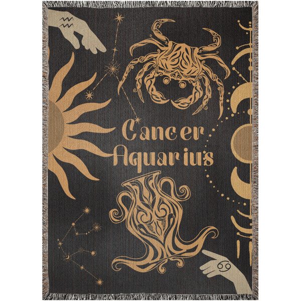 Zodiac Compatibility Match Woven Tapestry Throw Blanket | Astrology-inspired Home Decor | Cancer & Aquarius Horoscope