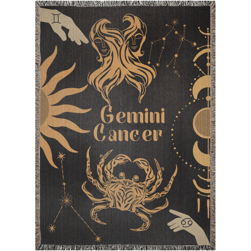 Cancer and Gemini Zodiac Compatibility Woven Throw Tapestry - Elevate home decor with this boho-inspired, celestial charm blanket. Perfect for astrology enthusiasts, featuring Aries and Gemini sun signs, adding unique, artistic flair to your living space. Premium cotton, cozy, and decorative.