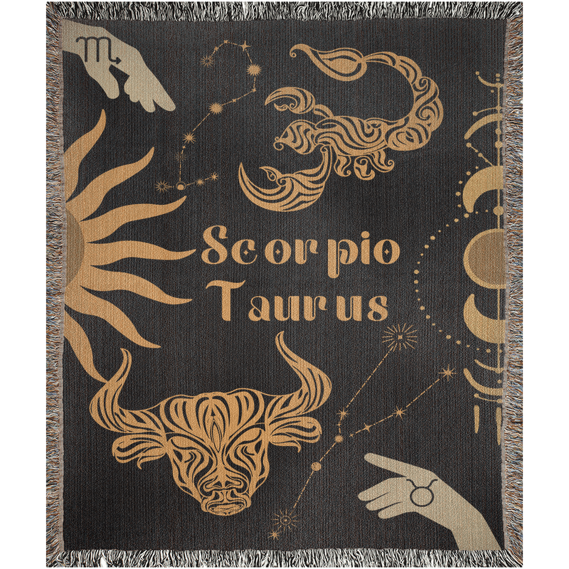 Taurus and Scorpio Zodiac Compatibility Woven Throw Tapestry - Elevate home decor with this boho-inspired, celestial charm blanket. Perfect for astrology enthusiasts, featuring Taurus and Scorpio sun signs, adding unique, artistic flair to your living space. Premium cotton, cozy, and decorative.