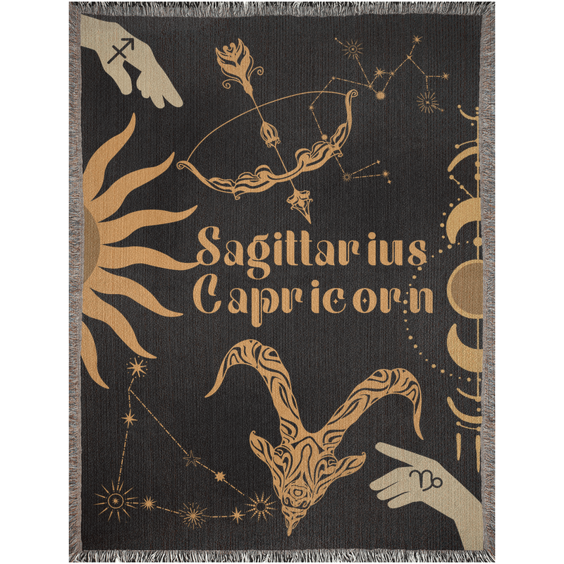 Capricorn and Sagittarius Zodiac Compatibility Woven Throw Tapestry - Elevate home decor with this boho-inspired, celestial charm blanket. Perfect for astrology enthusiasts, featuring Capricorn and Sagittarius sun signs, adding unique, artistic flair to your living space. Premium cotton, cozy, and decorative.