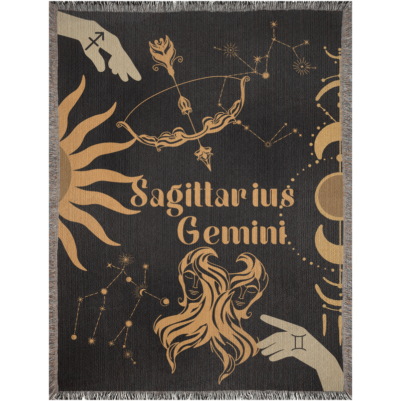 Gemini and Sagittarius Zodiac Compatibility Woven Throw Tapestry - Elevate home decor with this boho-inspired, celestial charm blanket. Perfect for astrology enthusiasts, featuring Gemini and Sagittarius sun signs, adding unique, artistic flair to your living space. Premium cotton, cozy, and decorative.