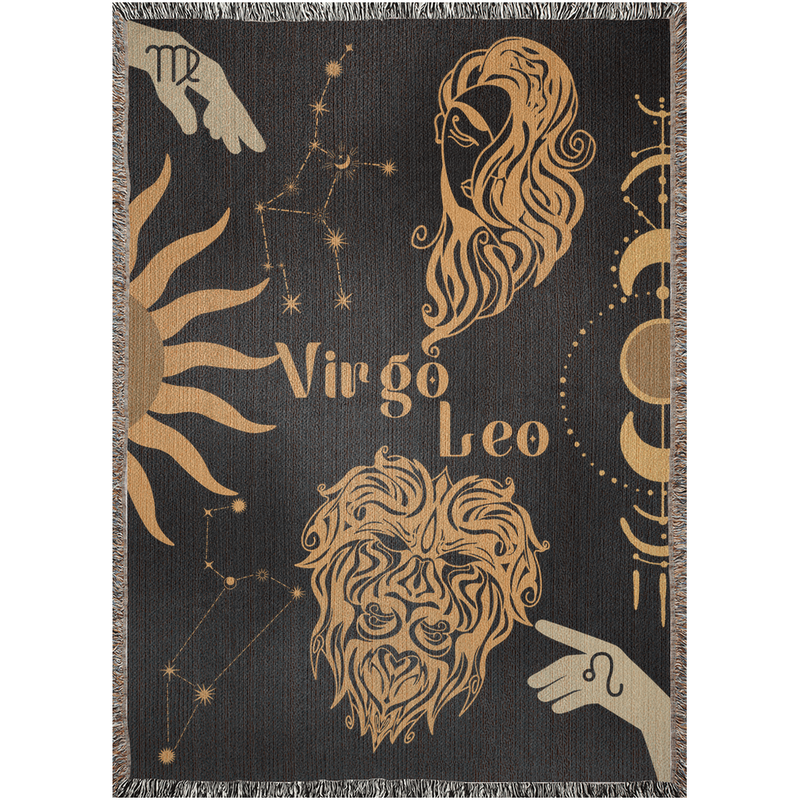 Virgo and Leo Zodiac Compatibility Woven Throw Tapestry - Elevate home decor with this boho-inspired, celestial charm blanket. Perfect for astrology enthusiasts, featuring Virgo and Leo sun signs, adding unique, artistic flair to your living space. Premium cotton, cozy, and decorative.