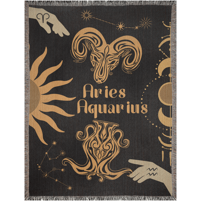 Zodiac Compatibility Match Woven Tapestry Throw Blanket | Astrology-inspired Home Decor | Aries & Aquarius Horoscope