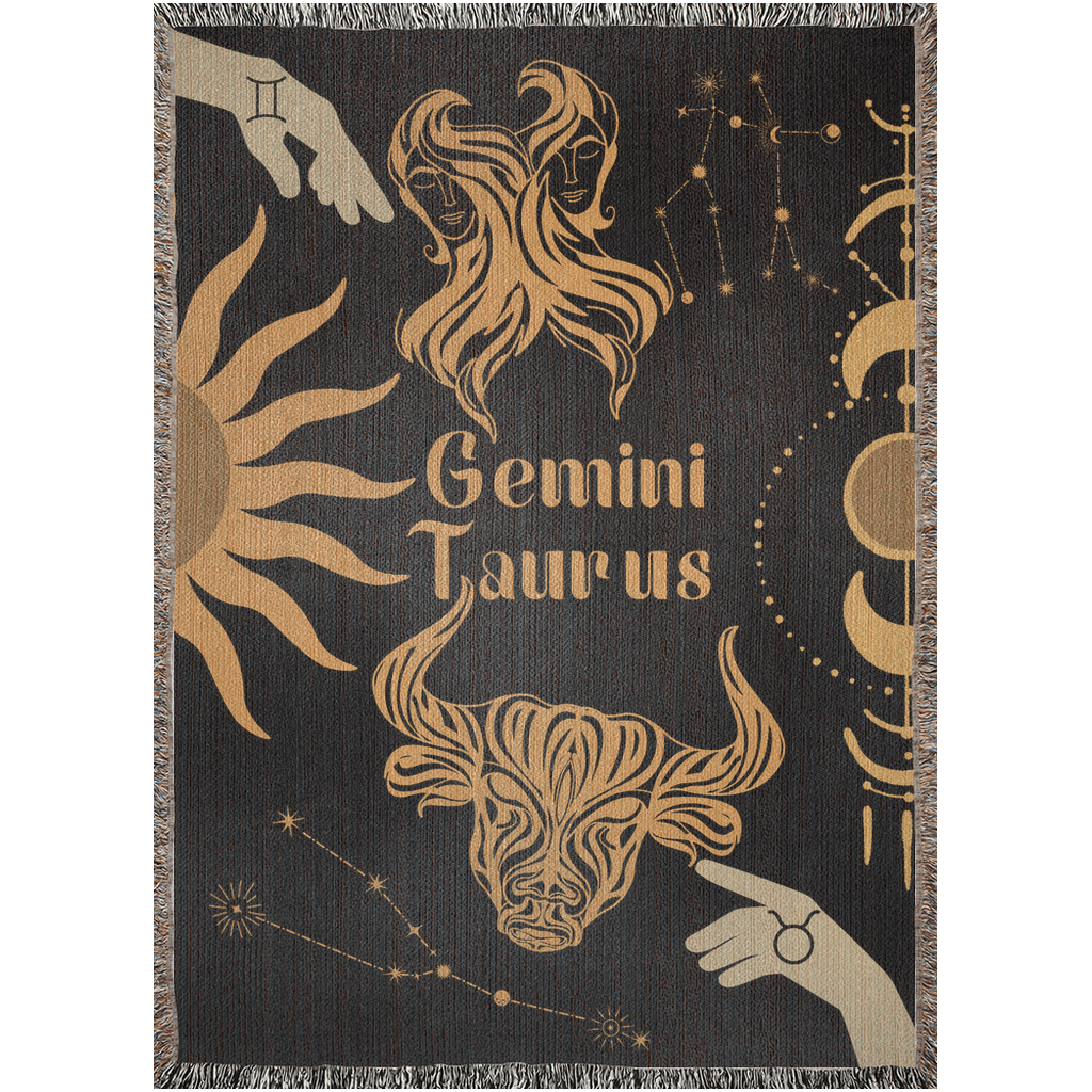 Taurus and Gemini Zodiac Compatibility Woven Throw Tapestry - Elevate home decor with this boho-inspired, celestial charm blanket. Perfect for astrology enthusiasts, featuring Taurus and Gemini sun signs, adding unique, artistic flair to your living space. Premium cotton, cozy, and decorative.