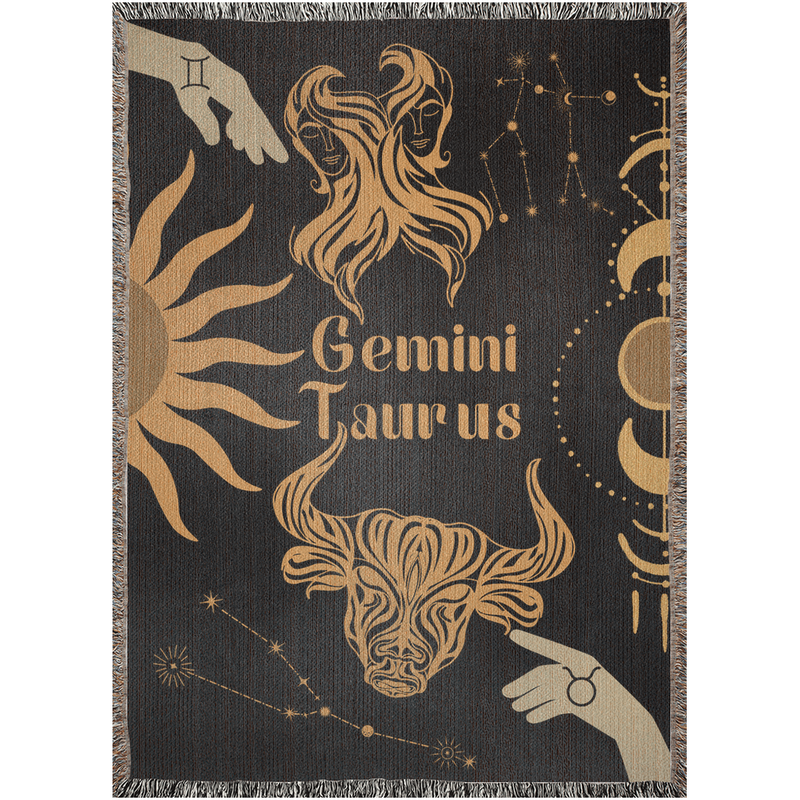 Taurus and Gemini Zodiac Compatibility Woven Throw Tapestry - Elevate home decor with this boho-inspired, celestial charm blanket. Perfect for astrology enthusiasts, featuring Taurus and Gemini sun signs, adding unique, artistic flair to your living space. Premium cotton, cozy, and decorative.