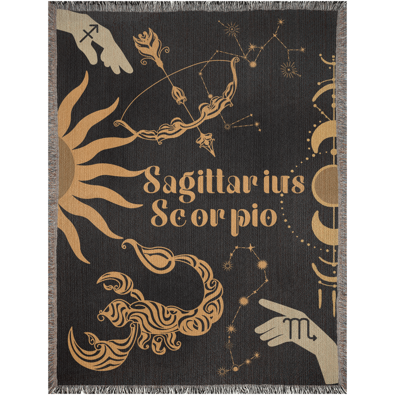 Sagittarius and Scorpio Zodiac Compatibility Woven Throw Tapestry - Elevate home decor with this boho-inspired, celestial charm blanket. Perfect for astrology enthusiasts, featuring Sagittarius and Scorpio sun signs, adding unique, artistic flair to your living space. Premium cotton, cozy, and decorative.