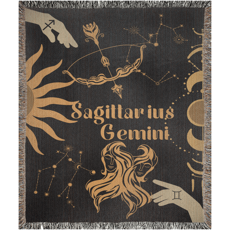 Gemini and Sagittarius Zodiac Compatibility Woven Throw Tapestry - Elevate home decor with this boho-inspired, celestial charm blanket. Perfect for astrology enthusiasts, featuring Gemini and Sagittarius sun signs, adding unique, artistic flair to your living space. Premium cotton, cozy, and decorative.