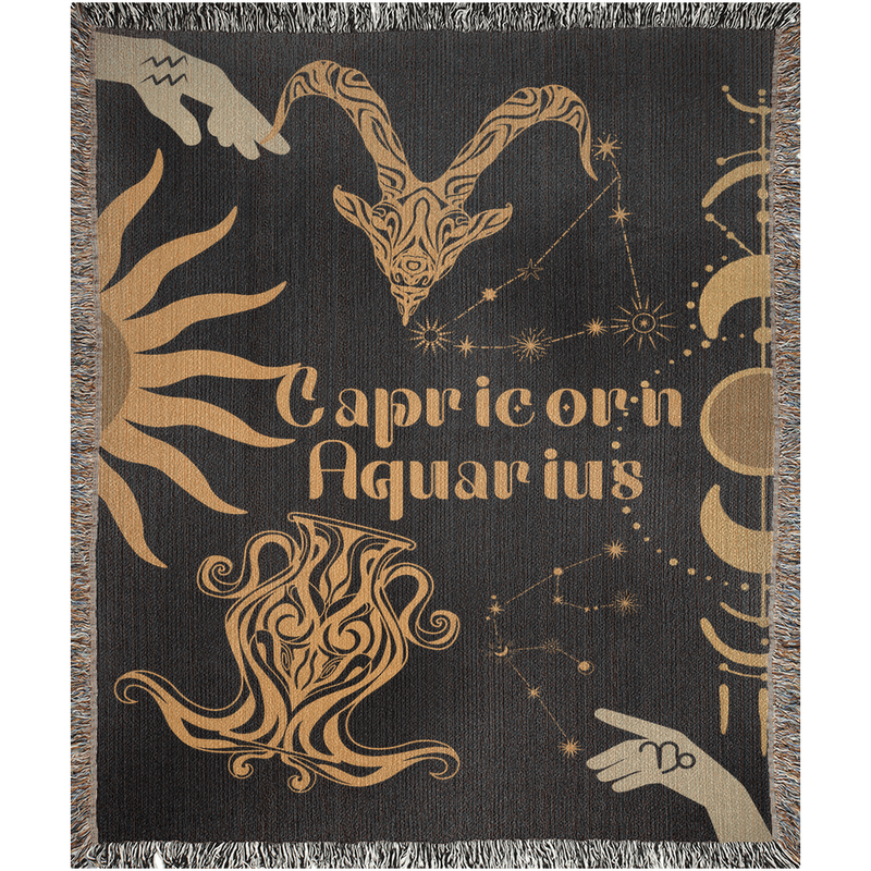 Zodiac Compatibility Match Woven Tapestry Throw Blanket | Astrology-inspired Home Decor | Capricorn & Aquarius Horoscope