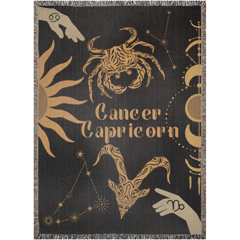 Cancer and Capricorn Zodiac Compatibility Woven Throw Tapestry - Elevate home decor with this boho-inspired, celestial charm blanket. Perfect for astrology enthusiasts, featuring Aries and Scorpio sun signs, adding unique, artistic flair to your living space. Premium cotton, cozy, and decorative.