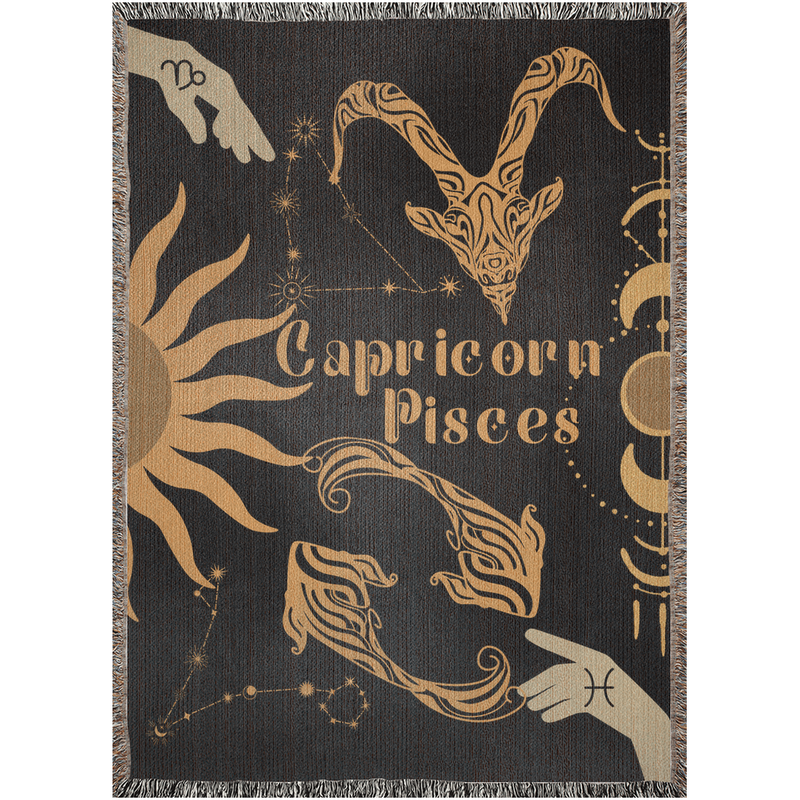 Capricorn and Pisces Zodiac Compatibility Woven Throw Tapestry - Elevate home decor with this boho-inspired, celestial charm blanket. Perfect for astrology enthusiasts, featuring Capricorn and Pisces sun signs, adding unique, artistic flair to your living space. Premium cotton, cozy, and decorative.