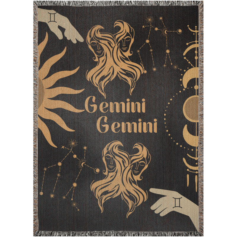 Gemini and Gemini Zodiac Compatibility Woven Throw Tapestry - Elevate home decor with this boho-inspired, celestial charm blanket. Perfect for astrology enthusiasts, featuring Gemini and Gemini sun signs, adding unique, artistic flair to your living space. Premium cotton, cozy, and decorative.