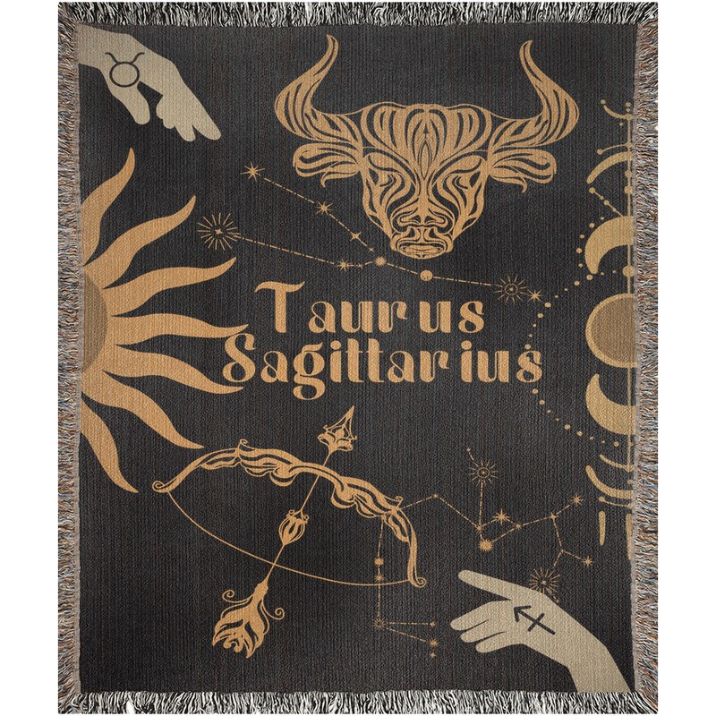 Taurus and Sagittarius Zodiac Compatibility Woven Throw Tapestry - Elevate home decor with this boho-inspired, celestial charm blanket. Perfect for astrology enthusiasts, featuring Taurus and Sagittarius sun signs, adding unique, artistic flair to your living space. Premium cotton, cozy, and decorative.