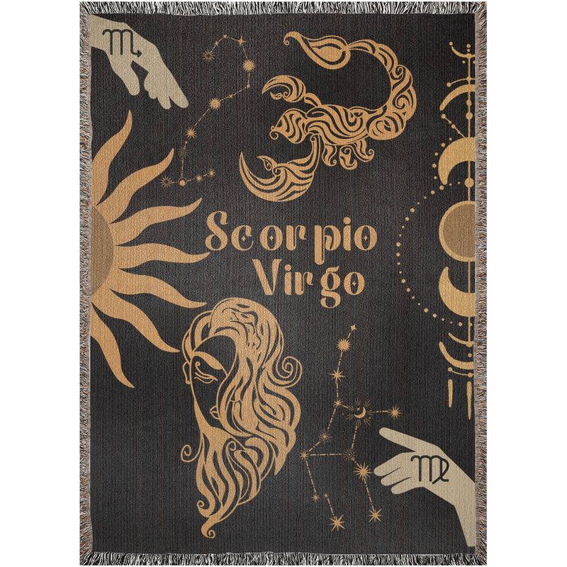 Virgo and Scorpio Zodiac Compatibility Woven Throw Tapestry - Elevate home decor with this boho-inspired, celestial charm blanket. Perfect for astrology enthusiasts, featuring Virgo and Scorpio sun signs, adding unique, artistic flair to your living space. Premium cotton, cozy, and decorative.