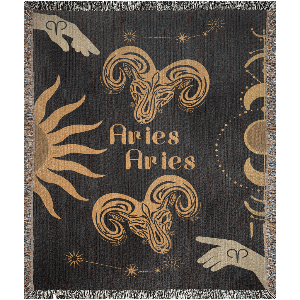 Woven tapestry throw blanket featuring the Aries and Aries zodiac symbols. Perfect for astrology enthusiasts, this cotton throw blanket adds a touch of boho style and celestial charm to your home decor.