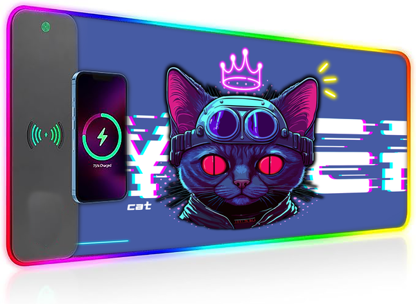 Wireless Charging Mouse Pad with RGB lighting | Waterproof | Oversized | Vibrant Prints | Cyber Cat