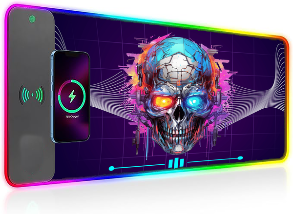 Wireless Charging Mouse Pad with RGB lighting | Waterproof | Oversized | Vibrant Prints | Cyber Neon Skull
