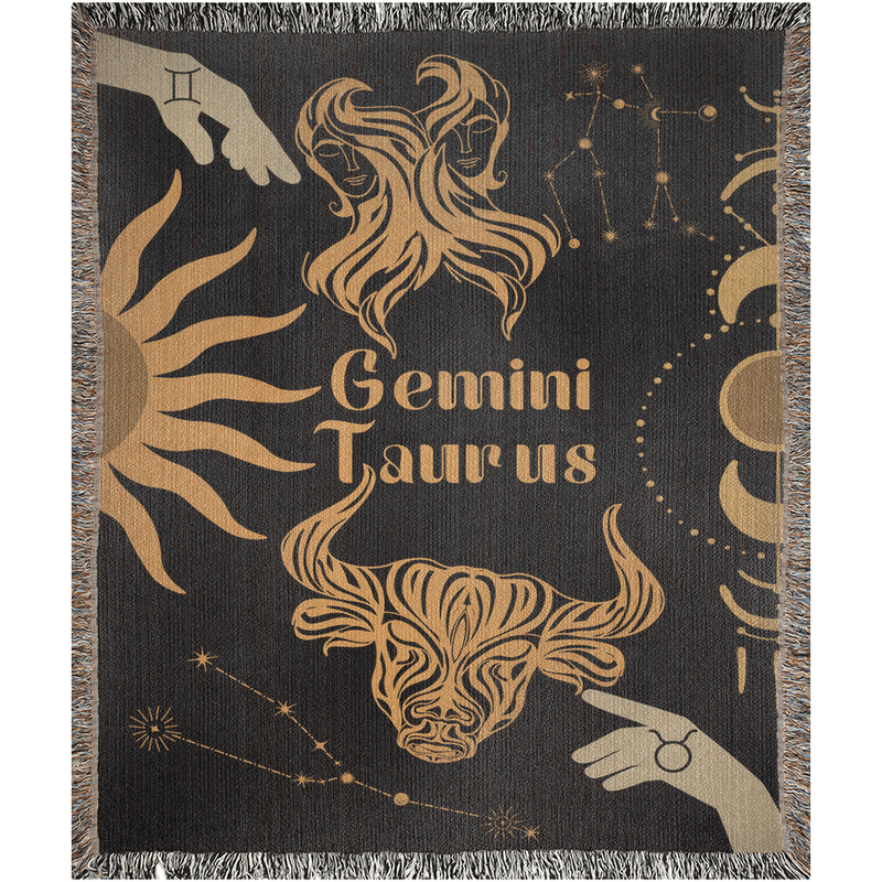 Taurus and Gemini Zodiac Compatibility Woven Throw Tapestry - Elevate home decor with this boho-inspired, celestial charm blanket. Perfect for astrology enthusiasts, featuring Taurus and Gemini sun signs, adding unique, artistic flair to your living space. Premium cotton, cozy, and decorative.